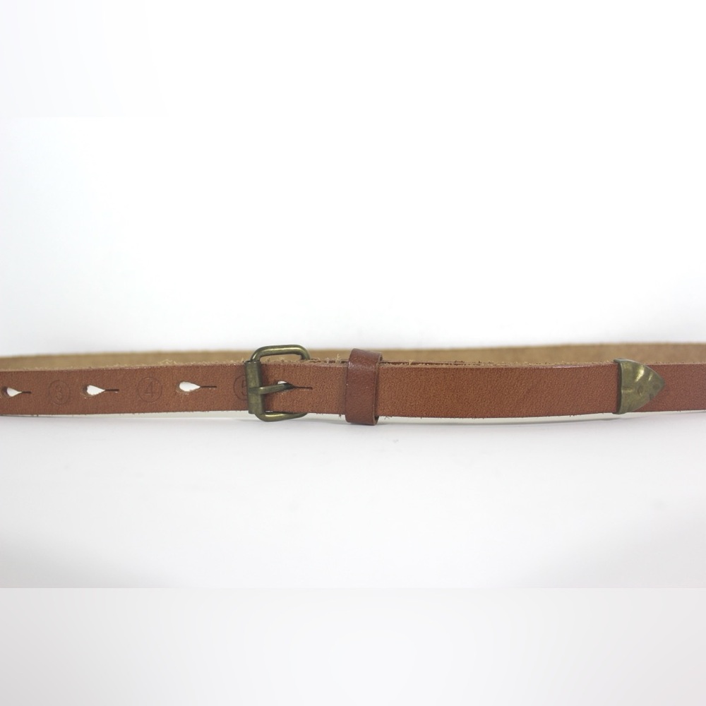 Skinny Tan Leather Belt with a Brass Tip and Buckle